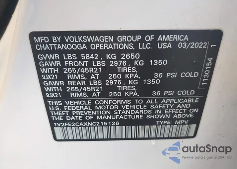 2022 Volkswagen Atlas Cross Sport 3.6L V6 Sel Premium R-Line z USA, uszkodzony, nr VIN 1V2FE2CAXNC215126